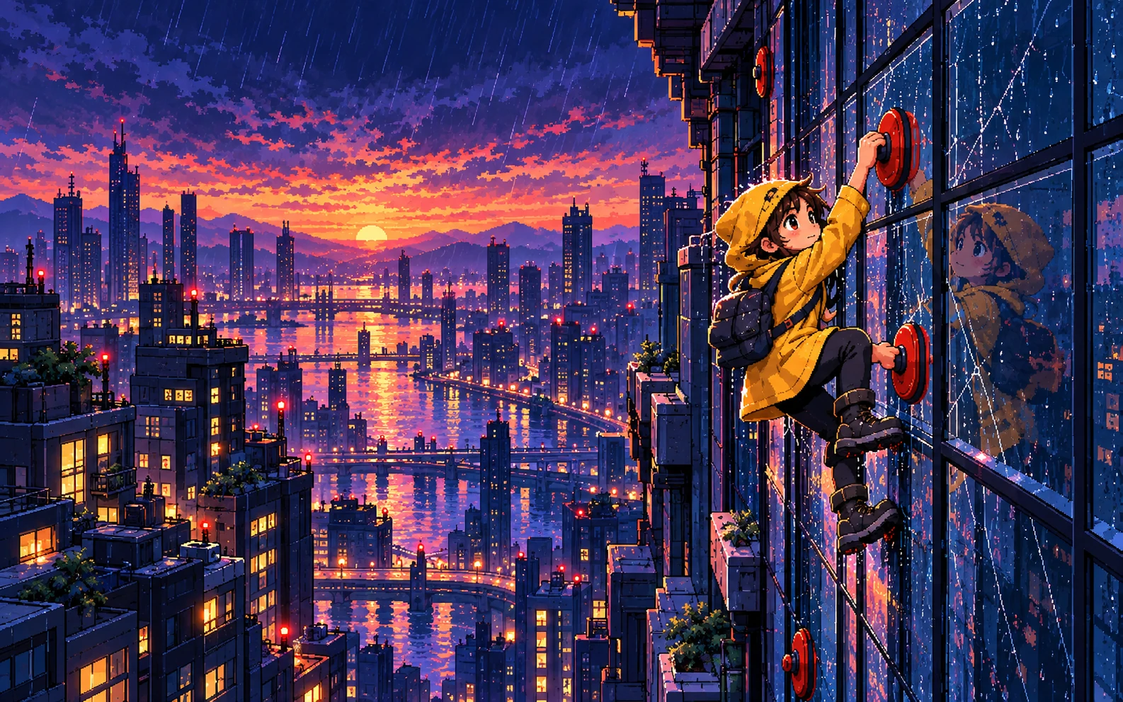 LAST GRIP visual concept: a climber in a yellow raincoat on a glass skyscraper.